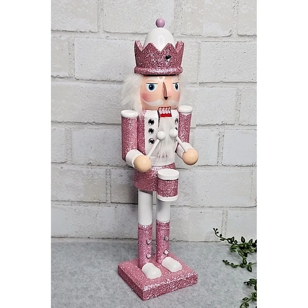 Pink White Drummer King Guard Nutcracker Glitter Wooden 14